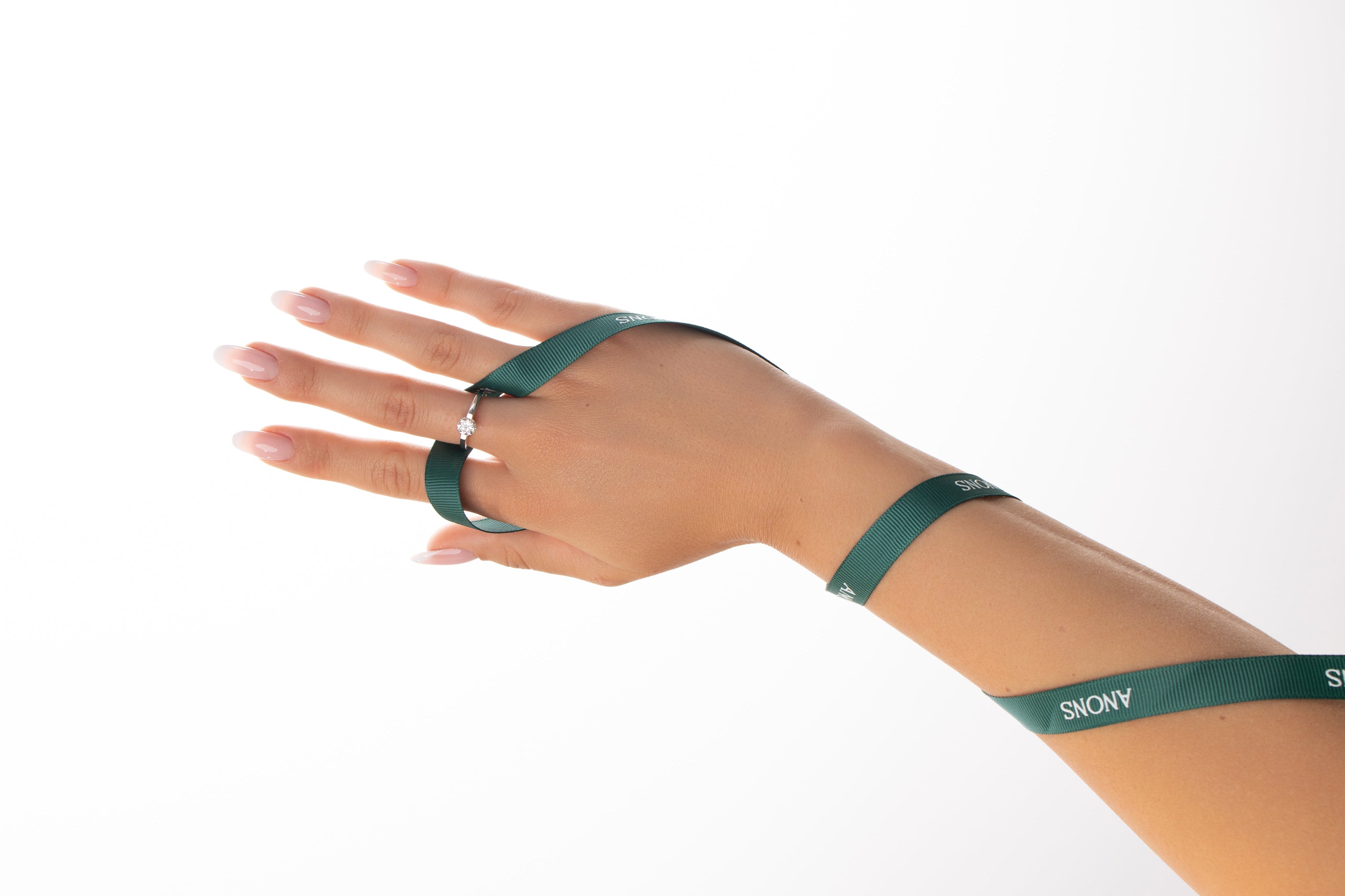Hand and arm wearing green wristbands with 'Anon' branding on a white background