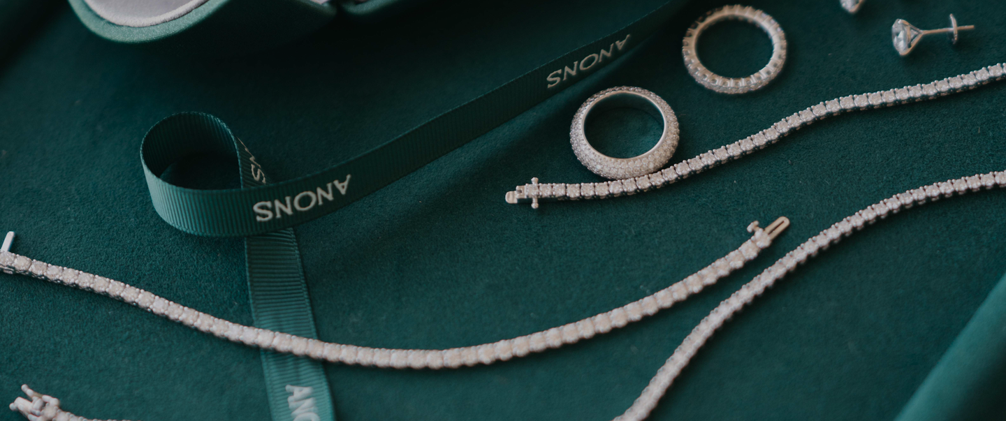 Jewelry set on a green tray with 'Anons' branding